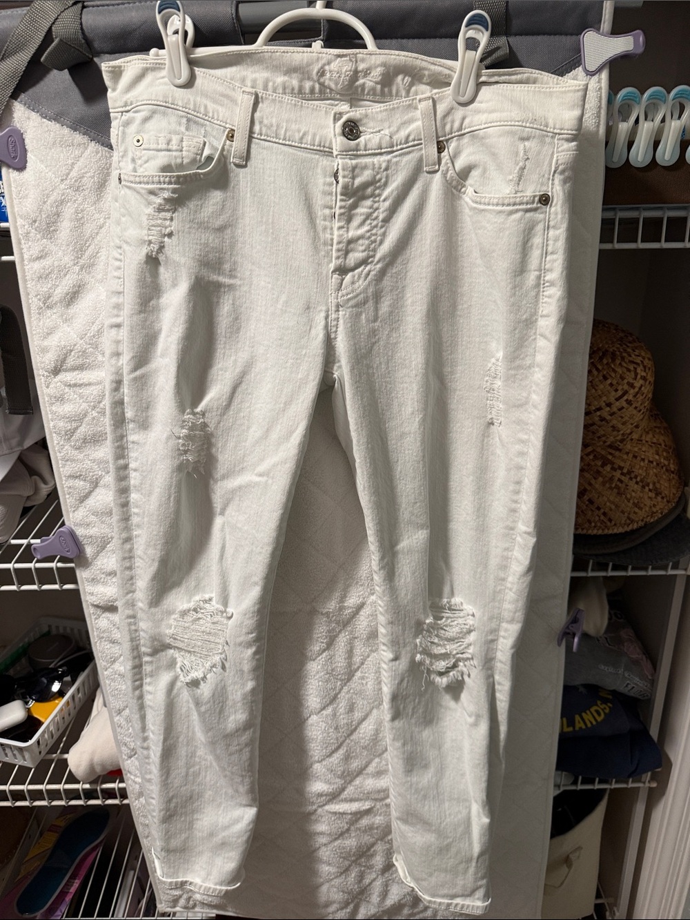 7 For All Mankind White Distressed Straight Leg Jeans